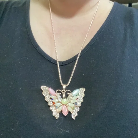 Betsey Johnson Pink and Gold Butterfly Necklace - Picture 2 of 2